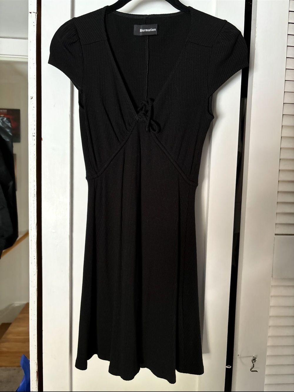 Reformation Black Ribbed Tie-Front V-Neck Women's Dress - Picture 2 of 5